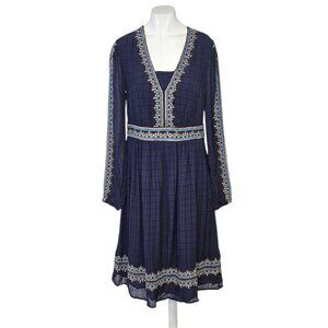 Boden Embroidered V-Neck Midi Dress, Navy, Long Sleeve, Feminine, Size 2
